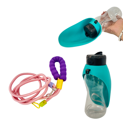 combo correa manos libres y botella para mascota