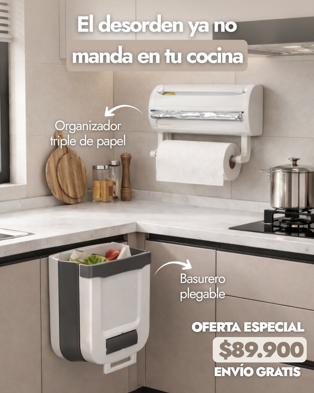 combo cortador de envolturas y basurera plegable